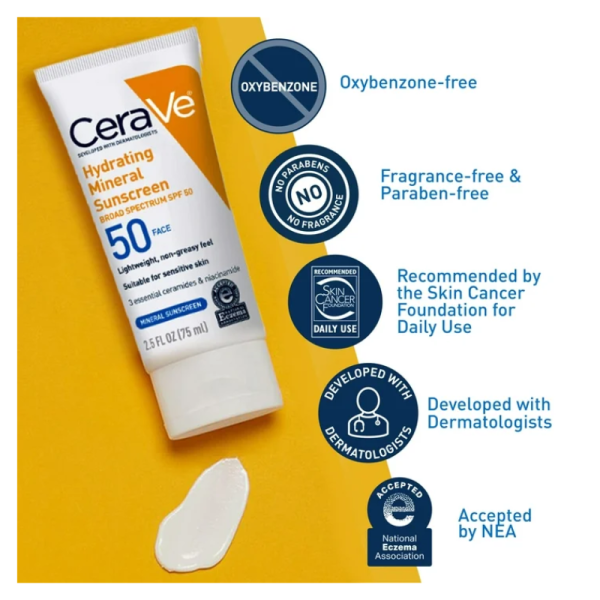 CeraVe Hydrating Face Mineral Sunscreen Lotion SPF 50 for All Skin Types, 2.5 fl oz (3)