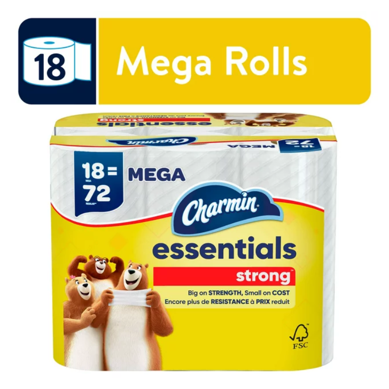 Charmin Essentials Strong Toilet Paper, 18 Mega Rolls (1)